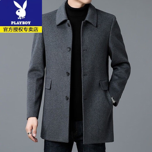Playboy (PLAYBOY) medium-length thickened double-sided woolen coat for men in autumn and winter, lapel woolen coat, high-end Korean style windbreaker dad outfit, gray. Add to favorites and purchase for priority delivery. XL 130-150Jin Jin is equal to 0.5 kg