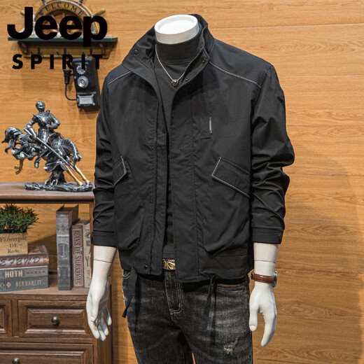 JEEP SPIRIT工装外套男潮牌休闲春秋季2025新款韩版潮流男装简约立领修身夹克 黑色【春秋款】 M 90-110斤