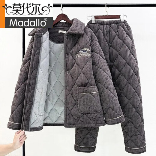 莫代尔睡衣男士冬季加绒加厚三层夹棉袄中年法兰绒家居服珊瑚绒保暖套装 N9926F蓝 加厚升级面料剪花 L (100-120斤)