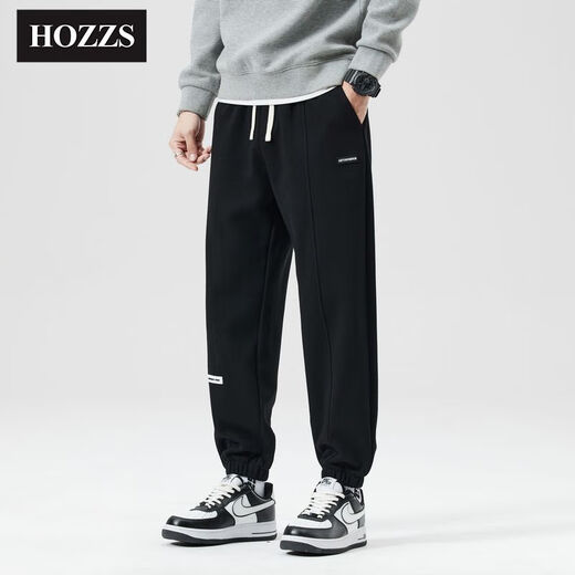 Hanzhesi Men's Summer Leisure Pants 2025 Loose Sport Pants Trendy Solid Color Drawstring Ties Junlan Black HZS-SS-6189 M