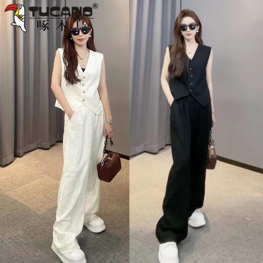 啄木鸟（TUCANO）轻奢亚麻两件套装2025夏季无袖马甲套装阔腿裤套装高端线月光初恋 白色马甲+裤子 S