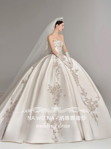 勤驰抹胸主婚纱礼服新娘新款复古出门纱小个子简约重工缎面轻 齐地送头纱手套裙撑+模特同款袖 S 均码