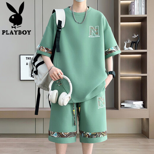 花花公子（PLAYBOY）夏季新款大码休闲运动套装男士短袖短裤两件套潮 【套装】6195：绿色 M (建议90-110斤)