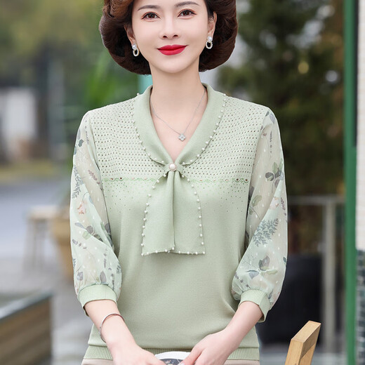 花花公子新款妈妈春装洋气纱袖针织恤薄款打底衫 蓝色6636 XL (建议115-125斤)