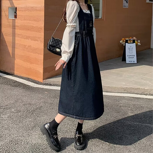 Retro age-reducing denim strap skirt for women spring and summer large size fat mm Korean style student cute embroidered suspender dress blue and gray [MY-8858] S