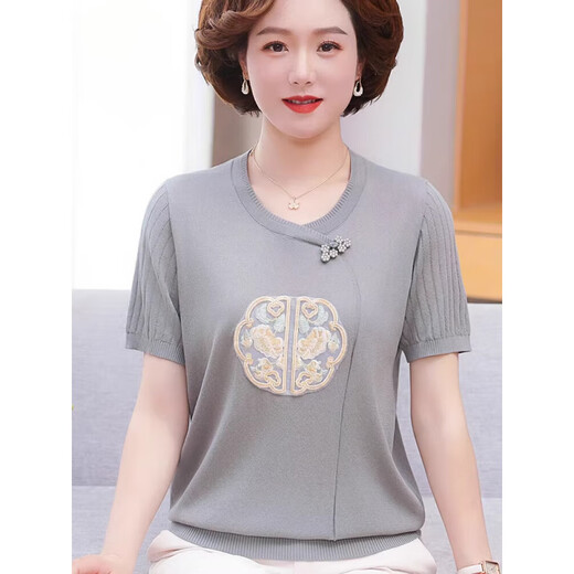 Xiangge old lady summer dress grandma short-sleeved ice silk middle-aged and elderly women's new Chinese knitted shirt fashionable T-shirt mother summer 9923 light powder M Recommended 85-100 Jin [Jin equals 0.5 kg]