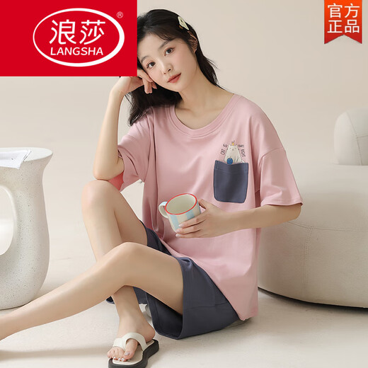 浪莎（LangSha）带胸垫一体纯棉睡衣女夏季短袖短裤韩版可爱甜美加大码家居服套装 带胸垫短-袖套-G1047 M 女【建议80-100斤】