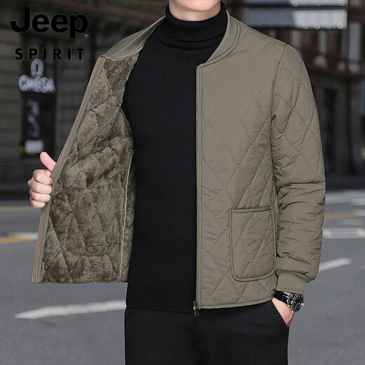 JEEP SPIRIT men's velvet thickened liner cotton coat cold-proof cotton coat student base layer small cotton-padded jacket warm short coat khaki zipper style L recommended 118Jin Jin equal to 0.5 kg or less