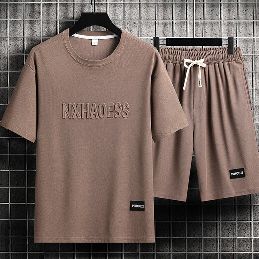 Nasawassup men's summer suit youth short-sleeved T-shirt thin ice silk two-piece casual sportswear five-point shorts suit-TZ829 khaki top + pants M recommended 90-110Jin Jin equals 0.5 kg