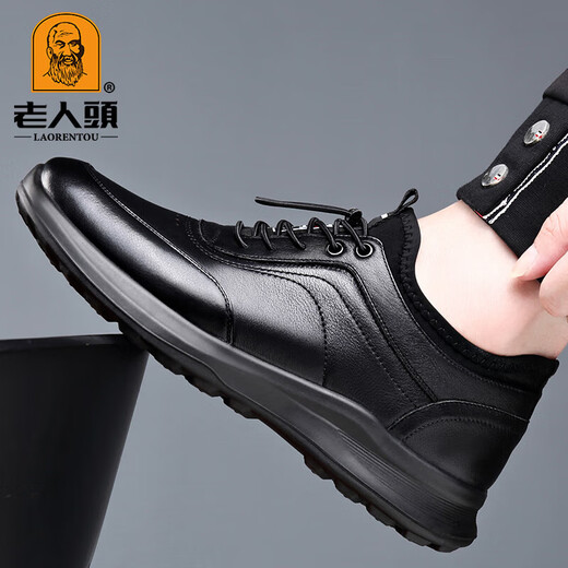 Old men's toe-layer cowhide sports shoes, autumn and winter velvet cotton shoes, soft-soled casual leather shoes for men, black (four seasons) 40