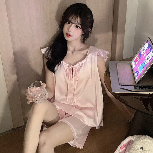 西忘纯欲风飞飞袖睡衣女带胸垫2025年新款性感背心套装夏季薄款家居服 9227FE 纯色蝴蝶结 粉色 固定胸垫 L