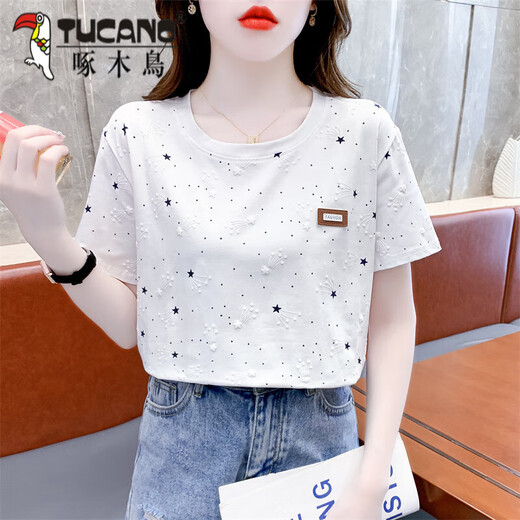 Holzspecker-Baumwoll-gedrucktes T-Shirt für Frauen im Sommer 2025 NEU LOOSSBEDEUTUNG DER BEDEUTUNG STANDILE T-Shirt Top Trend 1396# Blue Meteor XL ist für 120-134jin geeignet [Jin gleich 0,5 kg]
