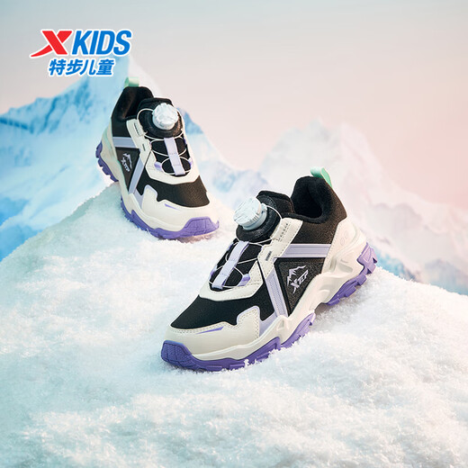 XTEP Children's Cotton Shoes Girls Mountain Hiking Elements Knob Buckle Velvet Sneakers Black/Sail White/Snow Blue Purple 36