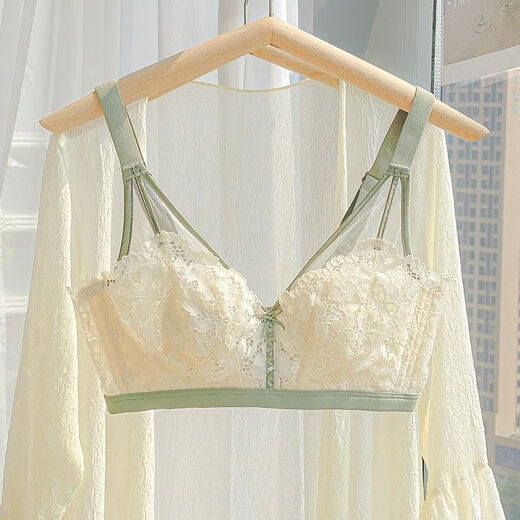 Yalu-Sommerunterwäsche für Frauen mit großen Brüsten, kleinen Brüsten, großer Größe, Brüste, Anti-Sagen, Spitzen-BH ohne Stahlringe, Milch weiß und grün (Set) 75B 34