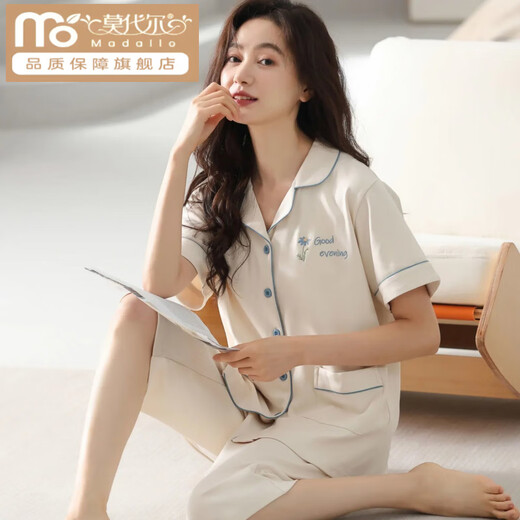 莫代尔棉质睡衣女夏季短袖七分裤大码开衫中青年女士套装外穿家居服 n9893 短袖七分裤开衫 M (80-100斤)