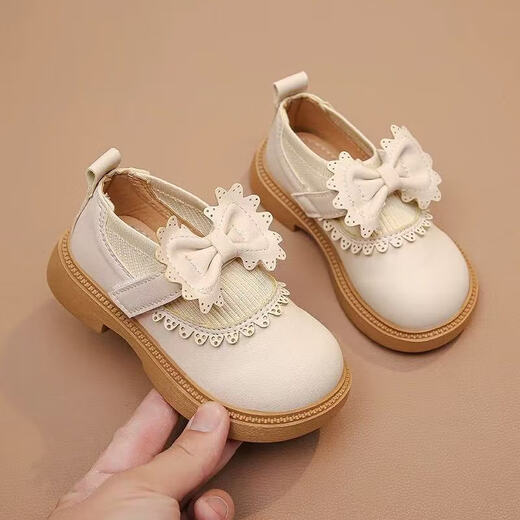 Bombshell Girls' Small Leather Shoes Princess Shoes 2026 Four Seasons New British Style Versatile Soft Soled Children's Shoes for Performance and School Wear Single Shoes Bow-Off-White Size 32 Inner Length 19.6cm