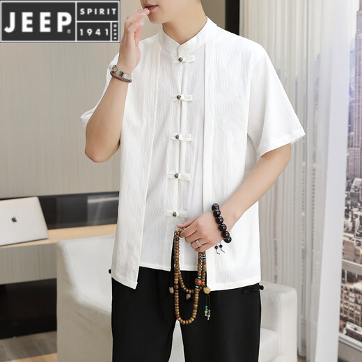 Jeep Spirit Chinese Style Kurzärärmelte T-Shirt-Anzug für Männer gefälschte zweiteilige nationale Trendschnalle bestickte Baumwollwäsche zweiteiler ein Set neuer chinesischer Stand-up-Halsband T 9887 Weiß [Top + Hose] Langarmed M 110jin [Jin gleich 0,5 kg]