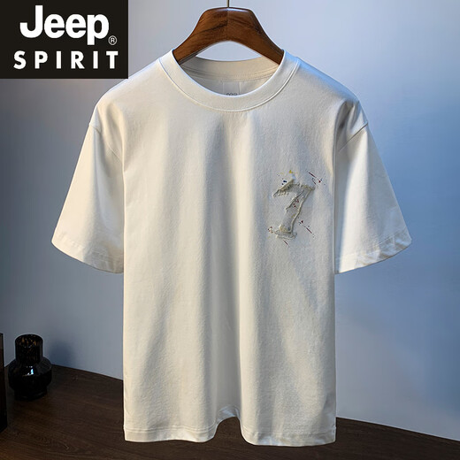 JEEP SPIRIT夏季男款短袖T恤宽松休闲圆领薄款衣服2025新款绣花半截袖体恤男 白色 【HJ6630】 M 适合 95-110斤穿