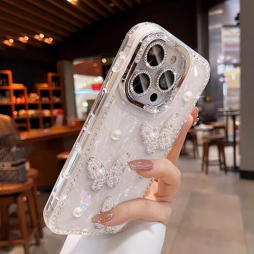 Mieyang Applicable to Apple 16promax mobile phone case iPhone 15 new rhinestone lens film 14pro pearl butterfly shell pattern 13 anti-fall 12 camera buttons all inclusive advanced [Solid color butterfly] AI camera buttons-Pearl rhinestone-with lens film iPhone 16pro