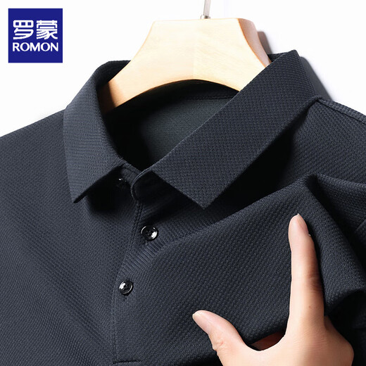 ROMON long-sleeved polo shirt men's 2025 spring and autumn new t-shirt men's business casual solid color bottoming shirt top men's black 4XL (180-200Jin Jin equals 0.5 kg can be worn)