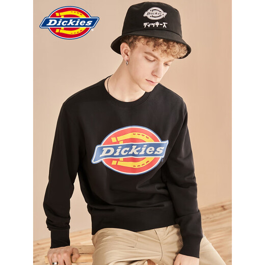 Dickies情侣款秋冬印花圆领卫衣套头潮牌男女同款宽松纯棉上衣 黑色12596 炫彩镭射大logo/男女 S