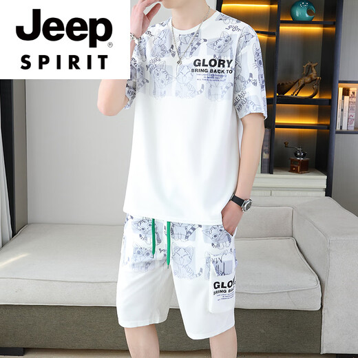 JEEP SPIRIT2025夏季新款短袖套装男青年百搭短裤休闲运动两件套渐变色男装 6187蓝色 M