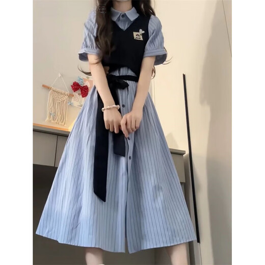 Booth sage [9742 people collect] New French style waist-hugging striped fake two-piece dress for girls mid-length dress fake two-piece dress [brand high quality] M