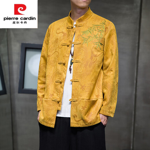皮尔卡丹（pierre cardin）中国风男装唐装男盘扣中山装中老年复古新中式鹿皮绒刺绣夹克外套 Y756粉色 M 100-120斤