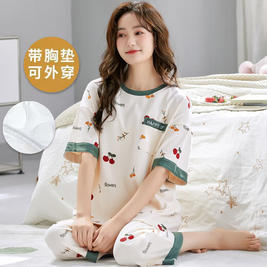 铂朗尼奥带胸垫家居服七分裤可外穿睡衣女款2025新款春款纯绵短袖夏天套装 七分带胸垫:679芭比熊 女M 均码