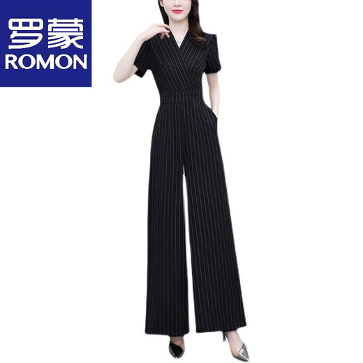 Romon Mode gestreifte Jumpsuit Set Women's Sommer 2025 Neue hohe Taille schlanke Weitbeine Temperament Jumpsuit V-Ausschnitt Schwarz M.