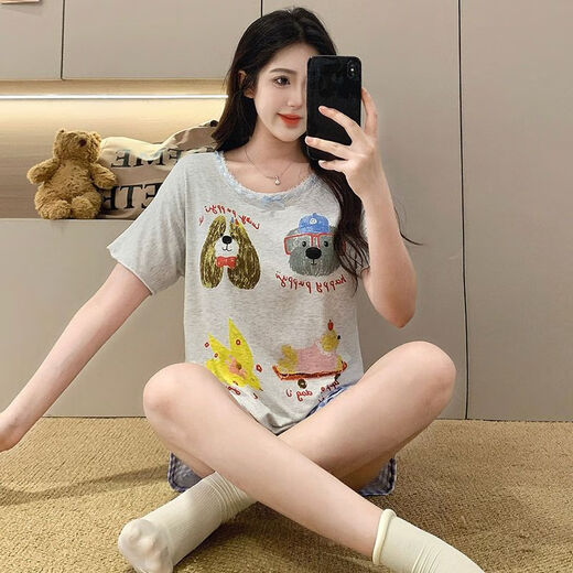 Yalu Summer Modal Pajamas Femmes avec poitrine PAD TROIS SET TROIS ENSEMBLE 2025 NOUVEAU CARTOONE PUPPY Les vêtements de maison peuvent être portés à l'extérieur de RM3519 Bow Girl [PAD PORTS FIXE] M 160