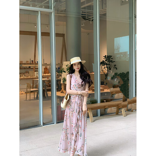 度假风碎花连衣裙女仙气设计感V领气质显瘦背心长款裙子夏季新品 粉红色连衣裙 【温馨提示：高品 XS 90斤以内