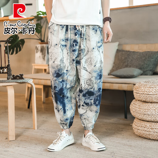 皮尔卡丹（pierre cardin）棉麻国潮时尚百搭2025新款阔腿裤男萝卜裤宽松休闲民族风束脚裤子 咖啡色 M