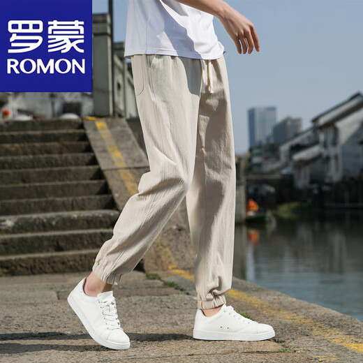 罗蒙（ROMON）中国风亚麻男裤子春夏季棉麻束脚哈伦裤潮流男士休闲宽松直筒长裤 黑色 XL