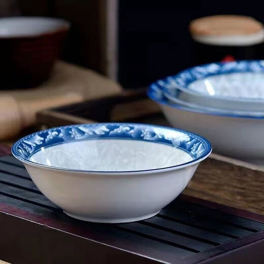 Hanpoke blue and white porcelain bowl household large bowl rice bowl bucket bowl soup bowl bucket hat bowl eating bowl instant noodle bowl noodle bowl plus 4 premium 8-inch bucket bowls
