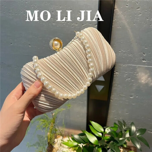 Yingtang Daisy Celebrity Dinner Clutch Women's Banquet Small Bag with Evening Dress Handbag Champagne Color + Pearl Short Chain