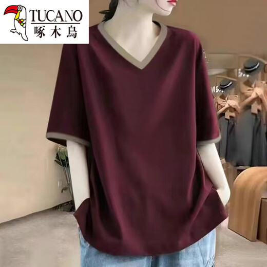 Camiseta de moda de algodón de algodón puro Raglan de algodón corto para mujeres en verano Temperamento suelto y delgado Top informal Borgoña [Lotus rosa impreso en la parte inferior derecha] XL (recomendado 130-145 Jin [Jin iguala 0.5 kg])