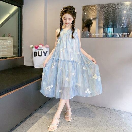 Girls' dress summer thin 2026 new fashionable big children's summer vest dress summer chiffon children's skirt blue 150