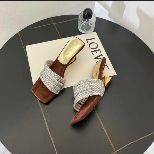 
Cheat French rhinestone heel sandals for women in summer high school thick heel slippers wear versatile thick soft sole light luxury gold heel height 5cm 37 normal size, wide foot high foot high shot one size