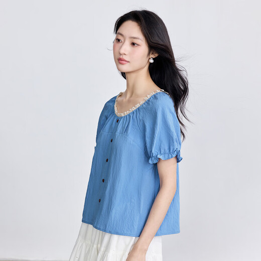 
InMAN French style wood ear short-sleeved shirt for women 2025 summer fashion loose lace round neck pullover shirt Klein Blue XL