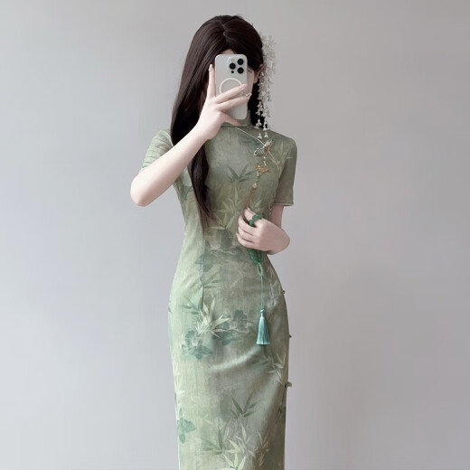 Cheongsam para mujeres con examen europeo M-verde 2025 Summer estilo joven temperamento de alta gama Daily Cheongsam Falda 9713 Verde XL