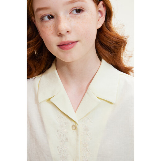 ELLE KIDS children's clothing French embroidered short-sleeved shirt for girls summer new Cuban collar vacation style top, goose yellow 160 (S)