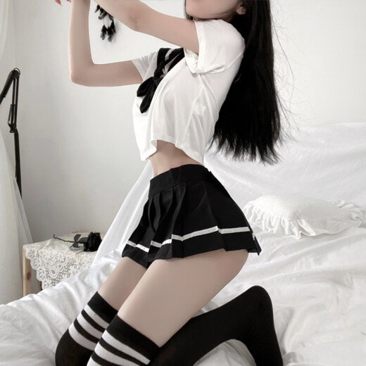 水手服校园JK制服诱惑性感免脱睡衣服激情午夜魅力套装cr 黑色JK制服+9756_镂空连体网衣裙 均码_80-125