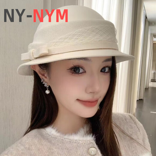 NY-NYM autumn and winter mesh small bow wool hat women's retro Hepburn style woolen hat temperament elegant small brim basin hat milky white adjustable (54-58cm)