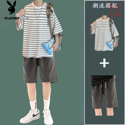 花花公子条纹短袖套装男夏季休闲帅气一套衣服搭配潮流T恤牛仔短裤两件套 9226白+147牛仔短裤浅蓝 3XL
