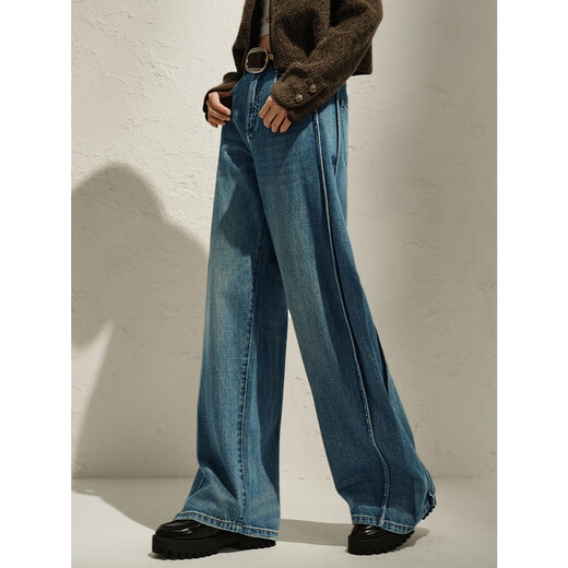 
Jiuzi Annako retro tannin Fengshui washing old heavy cotton denim scimitar pants for women 2025 spring new style blue-KWFC12109 S