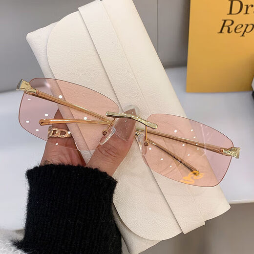 Lunettes de soleil, lunettes de soleil, nouveaux lunettes sans cadre à la mode, hommes et femmes, feuille gris à cadre en or européen et américain (Tissu miroir du sac en verre)