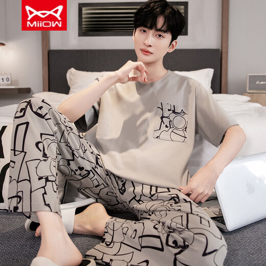 Catman Miiow Pure Cotton Pyjamas Herren Sommer kurzärmelige Hosen Jährlich-auf-Sommer-Dünne Baumwolle Largesize Casusize-Home-Kleidungsstückset YS9201 L Geeignet für -120jin [Jin gleich 0,5 kg] Verschleiß