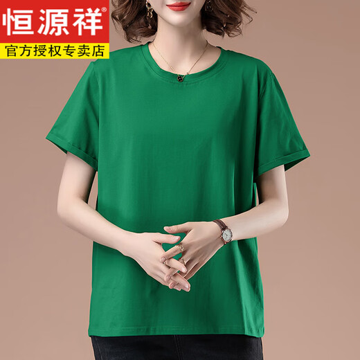 恒源祥中年妈妈夏装短袖t恤女纯棉薄款加大码宽松休闲胖mm显瘦百搭上衣 黑色【9896款】 L 100-115斤