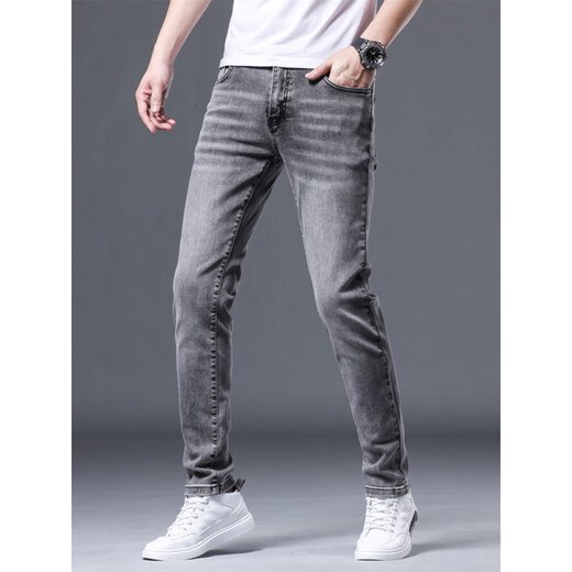 Seven Wolf (SW1960) 2025 spring and summer high-end gray jeans men's trendy slim feet pants stretch casual pants Korean style trend QN1049 gray 28